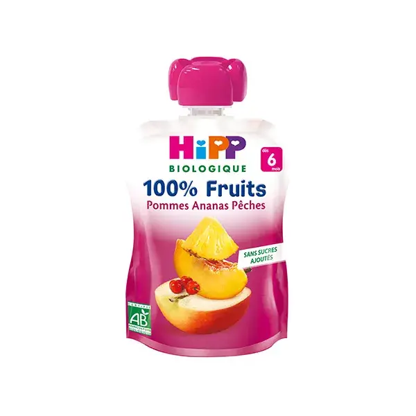 Hipp Bio 100% Frutas Gourde Manzanas, Piña, Melocotones + 6m 90g