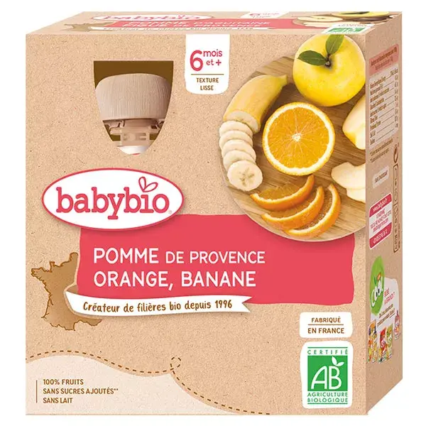 Babybio Gourdes Pomme Orange Banane +6m Bio 4 x 90g