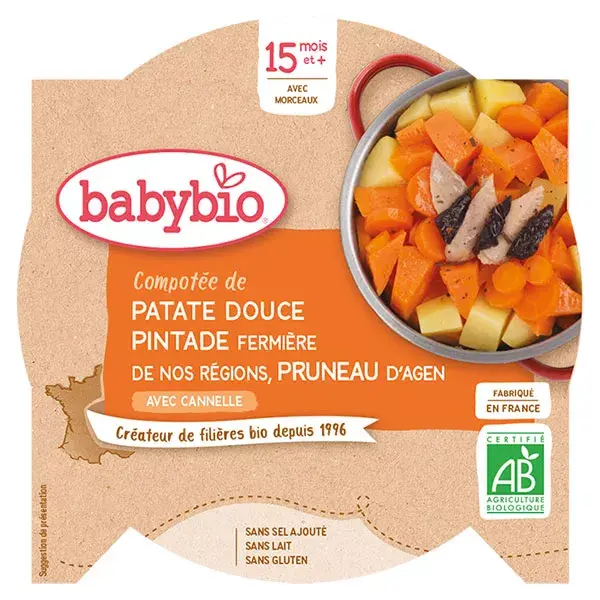 Babybio Menu du Jour Assiette Compota de Boniatos y Pintada con Pasas a partir de 15 meses 260g