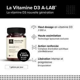 A-Lab Vitamine D3 Liposomale 2000 UI - Défenses Naturelles, Immunité - 60 gélules