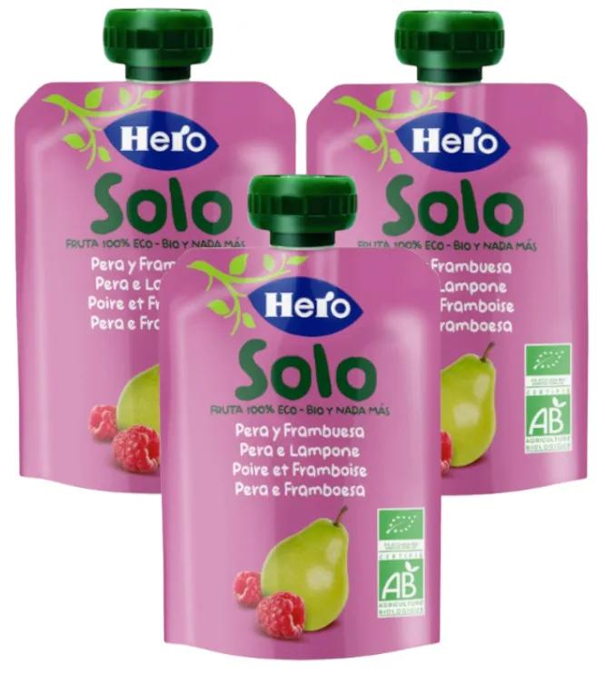 Sachet de fruits bio Hero Solo Poire et Framboise +4m 3x100 gr