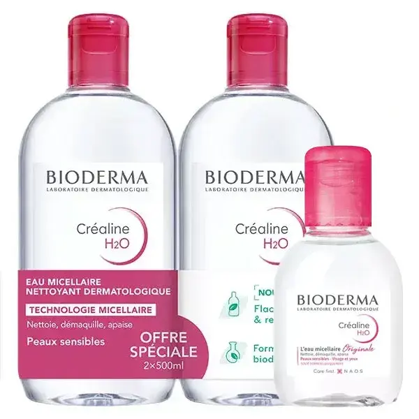 Bioderma Créaline H2O Eau Micellaire Démaquillante Lot de 2 x 500ml + format voyage 100ml