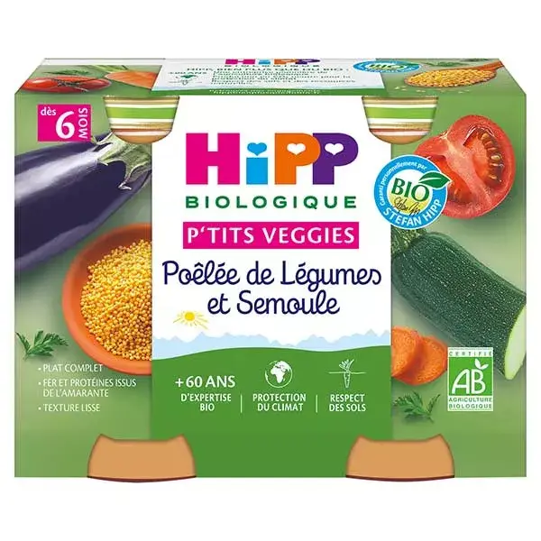 Hipp Bio P'tits Veggies Pot Poêlée de Légumes et Semoule +6m 2 x 190g