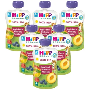 HiPP Pouches de Melocotón, Manzana y Frutos Bosque BIO +4m 6x100 gr
