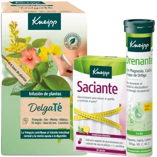 Kneipp Saciante 80 Cápsulas + Vitamina Drenante Piña 20 Comprimidos + DelgaTé 20 Bolsitas
