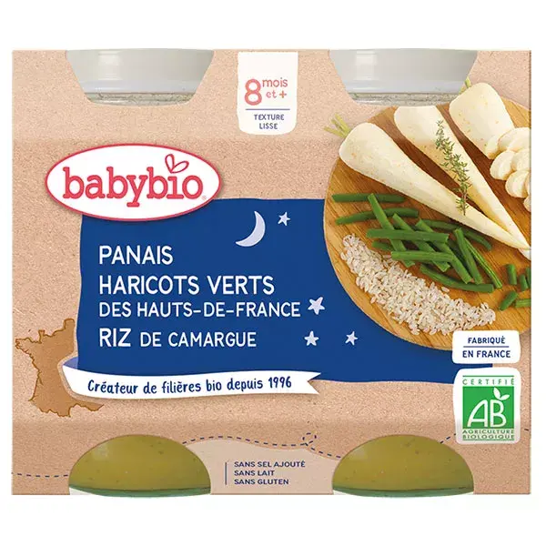 Babybio Petits Pots Bonne Nuit Panais Haricots Verts Riz +8m Bio 2 x 200g