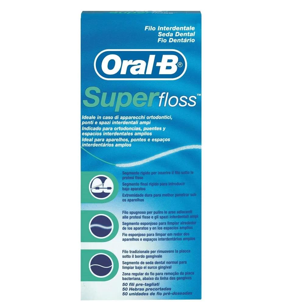 Oral-B Superfloss Filo Interdentale Ponti Apparecchi Ortodontici 50 Fili Pre-Misurati