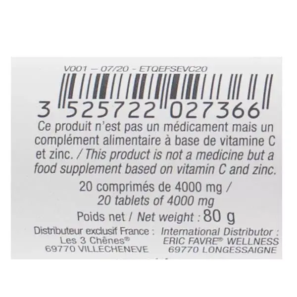 Eric Favre Vitamine C + Zinc Immunité & Fatigue Goût Orange 20 compresse effervescenti
