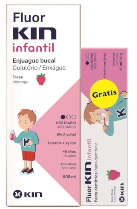 Kin Fluorkin Kinder-Erdbeerspülung 500 ml + Erdbeergeschmackspaste 50 ml