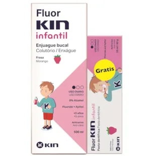 Bain de bouche fraise pour nourrissons Kin Fluorkin 500 ml + dentifrice fraise 50 ml