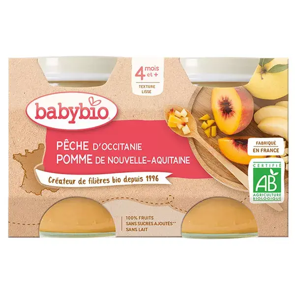Babybio Fruits Pot Pêche Pomme +4m Bio 2 x 130g
