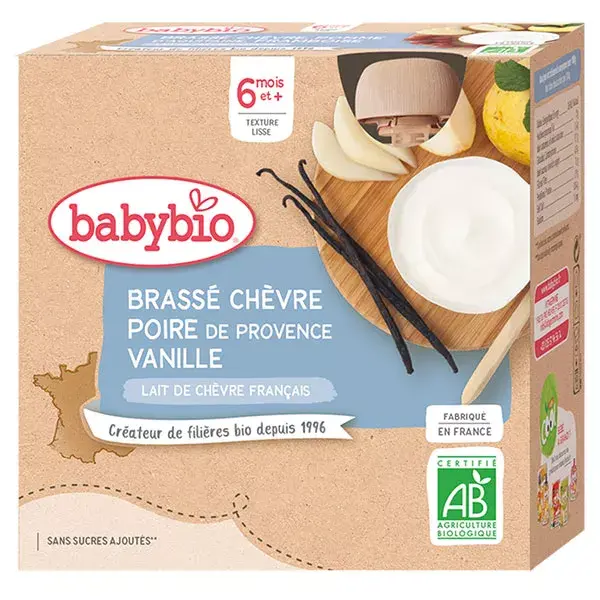 Babybio Desserts Lactés Gourde Brassé Lait de Chèvre Poire Vanille +6m Bio 4 x 85g