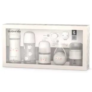 Suavinex Set Babyflessen + Fopspeen 0-6m + Dispenser + Fopspeenhouder + Bonhomia Broche Grijs