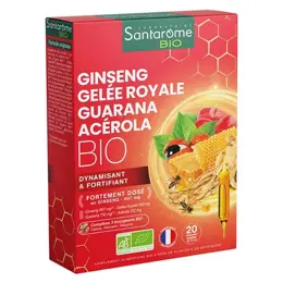 Santarome Bio Ginseng Gelée Royale Guarana Acérola Bio - Vitalité - 20 ampoules