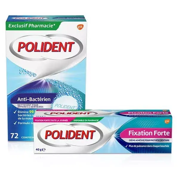 POLIDENT Crème fixation forte 40g & Nettoyant antibacterien x72