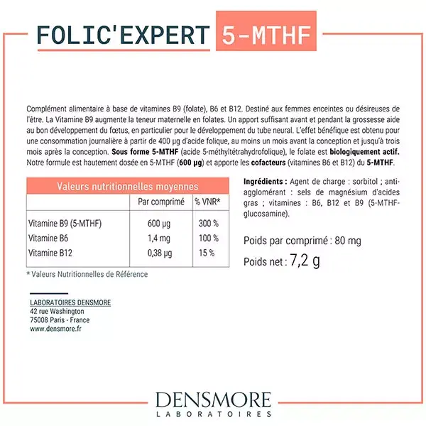 Densmore FOLIC'EXPERT La nouvelle génération d'Acide Folique 5-MTHF - 1 mois