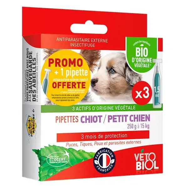 Vétobiol Antiparasitaire Pipette Chiot/Petit Chien Bio 3x1,5ml