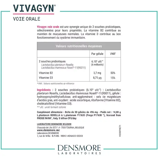 Densmore VIVAGYN ORALE - Pro biotique - Restaure l'équilibre Vaginal -1 mois