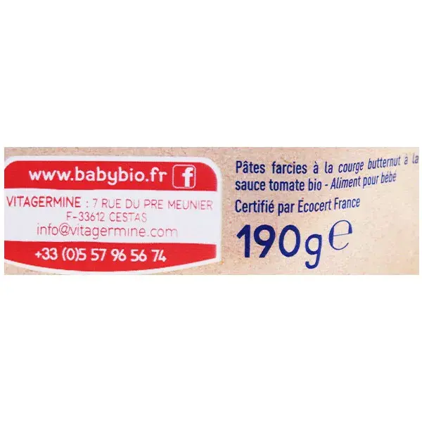Babybio Repas Soir Sachet Ravioli Butternut Sauce Tomate Champignon +15m Bio 190g