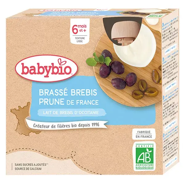 Babybio Desserts Lactés Gourde Brassé Lait de Brebis Prune +6m Bio 4 x 85g