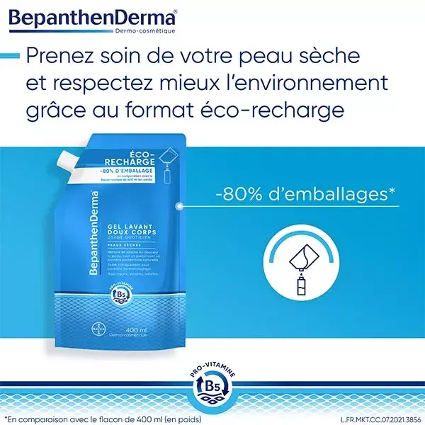 BepanthenDerma® Gel Lavant Doux Corps Peaux Sèches et Sensibles Éco-Recharge 400ml