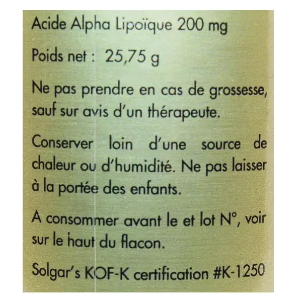Solgar Acide Alpha Lipoïque 200mg 50 gélules végétales