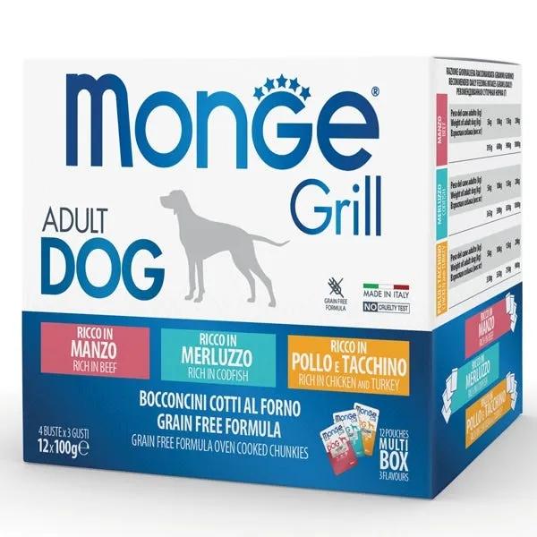 Monge Grill Adult Multibox Mix Manzo Merluzzo Pollo Tacchino Per Cani Adulti 12 Bustine