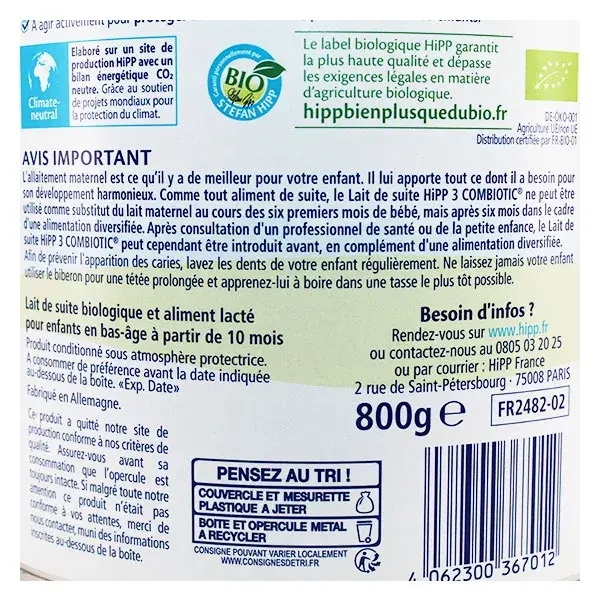 Hipp Bio Lait de Croissance Combiotic 3ème Âge 800g