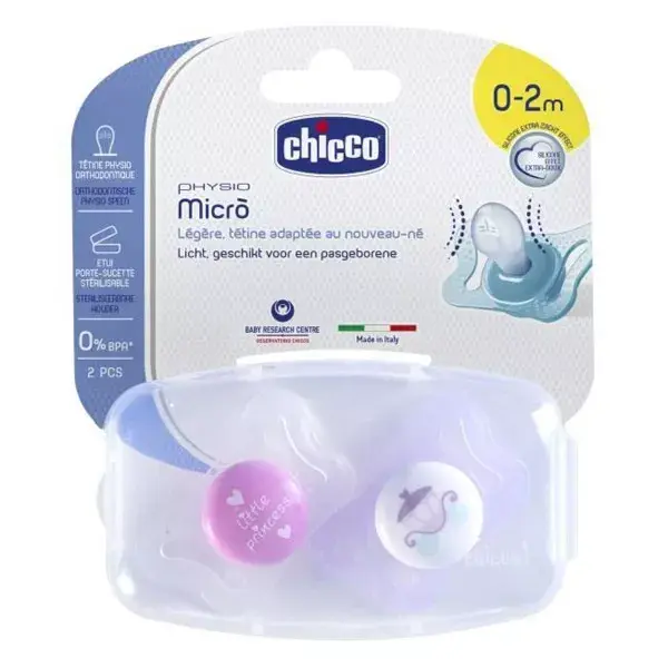Chicco Physio Forma Micro Sucette Silicone +0m Couronne Carrosse Lot de 2 + Boite de Stérilisation