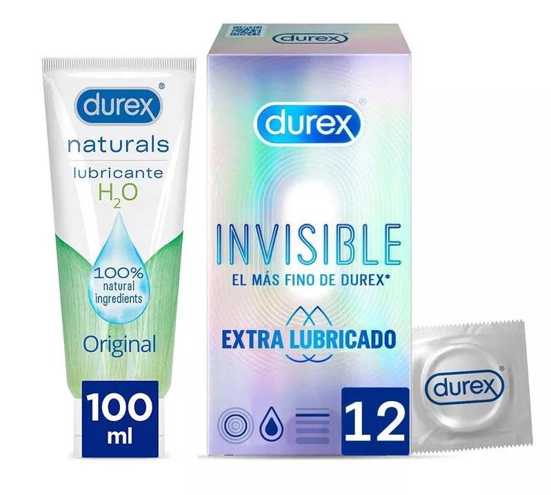 Pack de preservativos invisíveis extra lubrificados Durex 12 unidades + lubrificante natural 100 ml