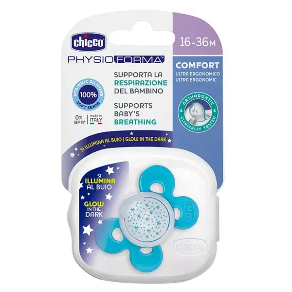Chicco Pacifier Physio Forma Comfort Silicone +16m Phosphorescent Light Blue + Sterilisation Box