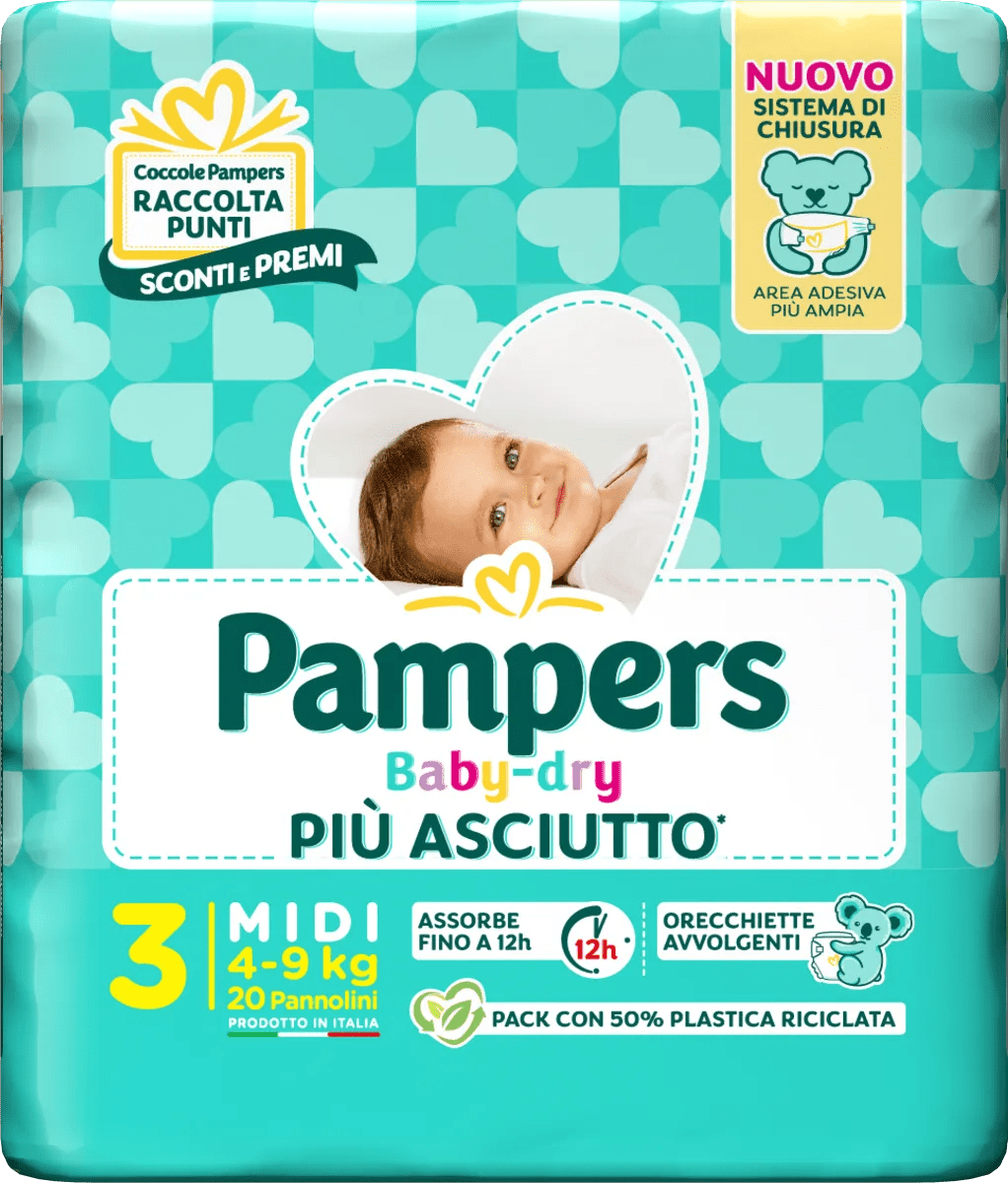 Pampers Baby Downcount Midi Pannolini Tripla Azione 4-9 Kg Misura 3 20 Pezzi