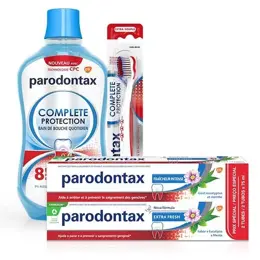 Parodontax Bain de Bouche Quotidien 500ml & Dentifrice Complete Protection Fraicheur 2x75ml & Brosse à Dents Complète Protection Souple