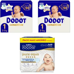 Dodot Sensitive Jumbo Diapers Pack T1 2x90 units + Aqua Touch Wipes 288 units