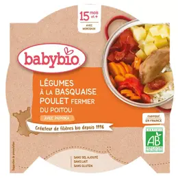 Babybio Repas Midi Assiette Légumes à la Basquaise Poulet Riz +15m Bio 260g