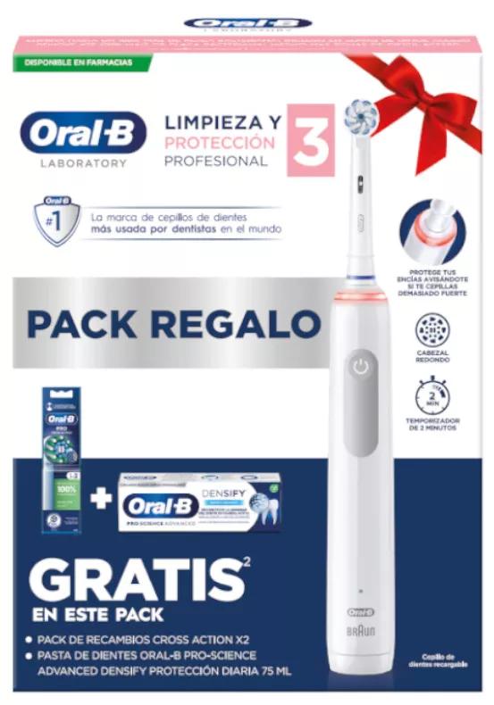  Oral-B Pro 3 Escova de dentes eléctrica+ 2 cabeças de  substituição + Pasta de Dentes Densify 75ml