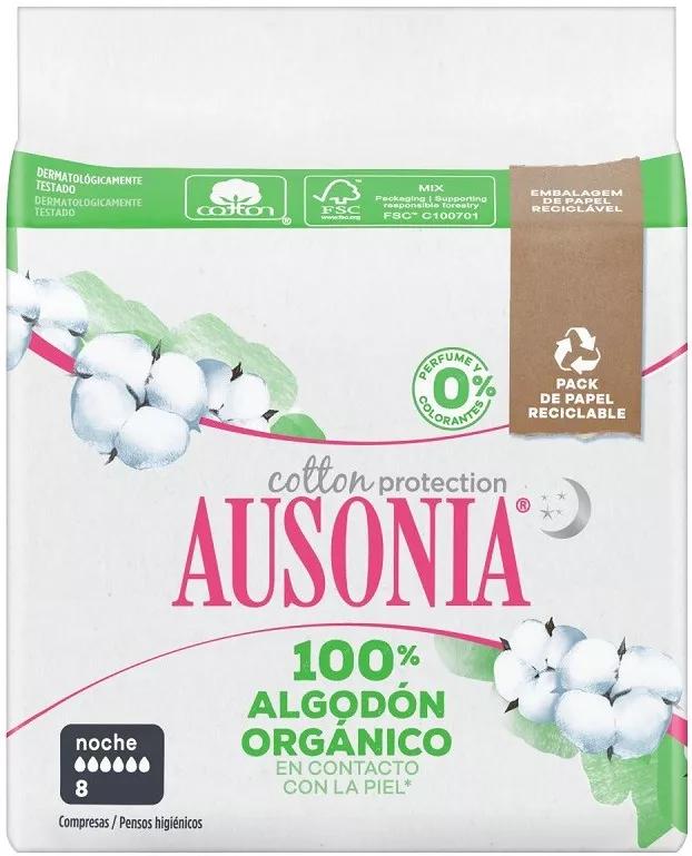 Ausonia Cotton Protection Compresas Algodón Orgánico Noche Alas 8 uds