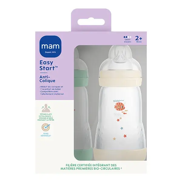 Mam Biberon Esac Classique 260Ml Menthe + Coton Tétine Débit 2 2 x 260ml