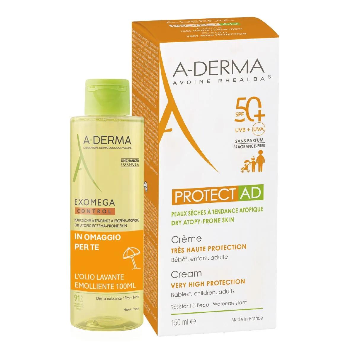 A-Derma A-D Crema Solare SPF 50+ 150 ml + Olio Exomega 100 ml in REGALO