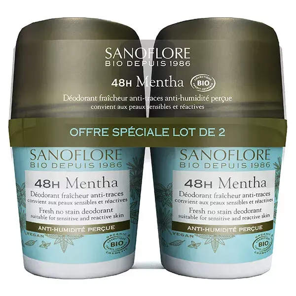 Sanoflore Deodorant Freshness Anti-Traces Mentha Roll-On 48h Organic Lot of 2 x 50ml