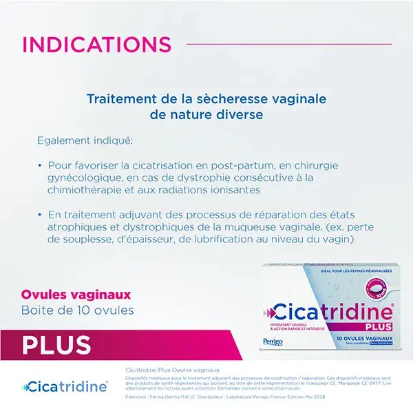 Cicatridine Plus Ovules Vaginaux Hydratant Vaginal à Action Rapide et Intensive 10 unités