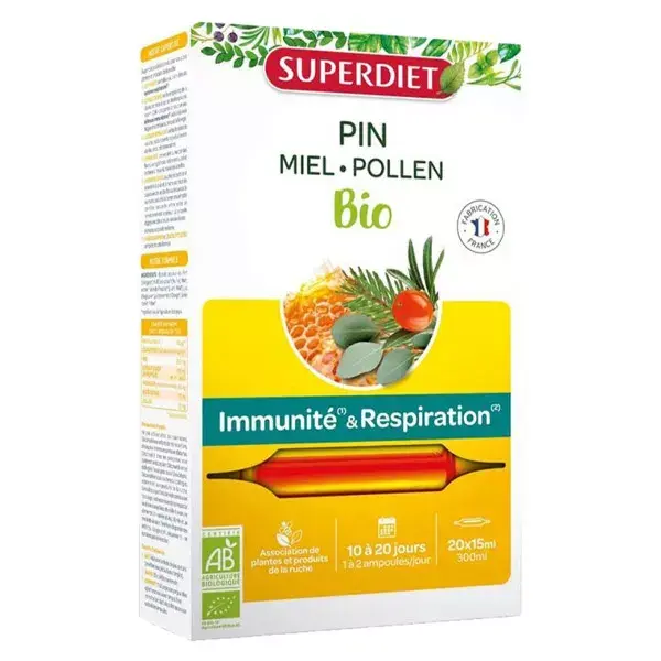 Superdiet Immunité & Respiration Pin Miel Pollen 20 ampoules