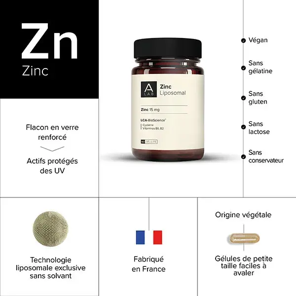 A-Lab Zinc Liposomal 15 mg - Immunité, Peau, Cheveux, Vision, Acné - 60 gélules