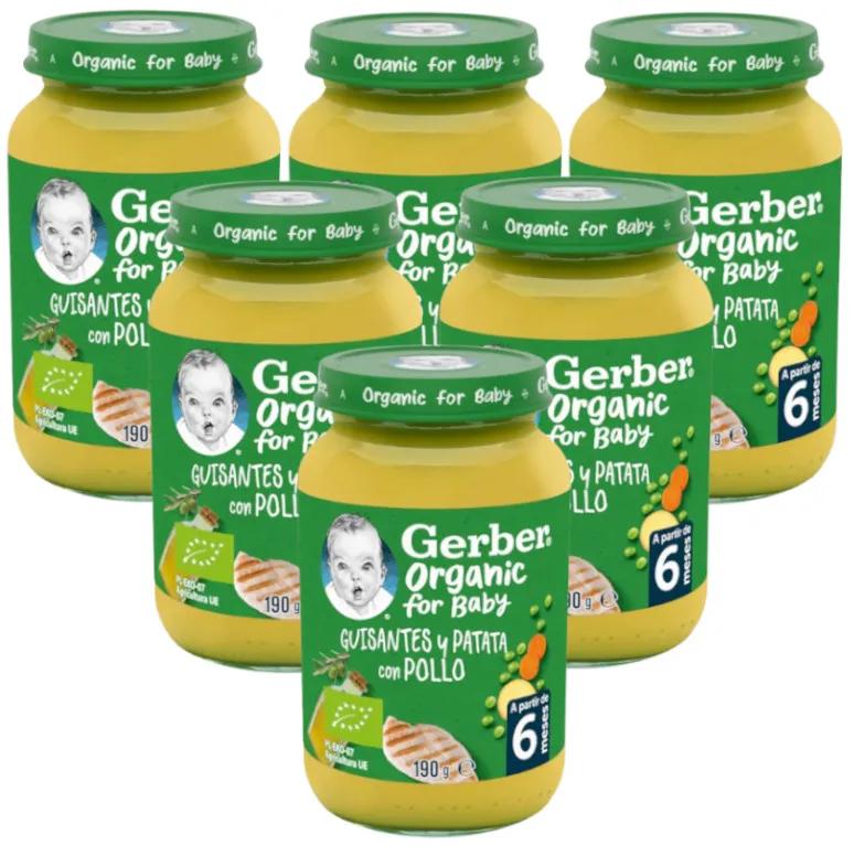 Bocal Gerber Bio Petits Pois, Pommes de Terre et Poulet +6 mois 6x190 gr