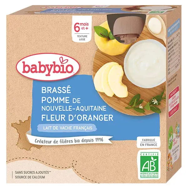 Babybio Desserts Lactés Gourde Brassé Lait de Vache Fleur d'Oranger +6m Bio 4 x 85g