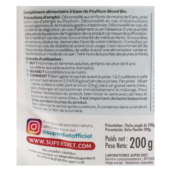 Superdiet Superfood Téguments de Psyllium Blond Bio 200g