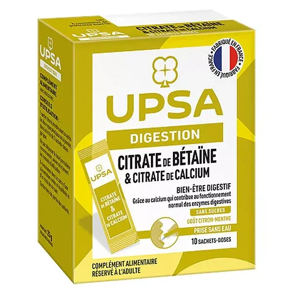 UPSA Citrate de Bétaïne & Citrate de Calcium sans Sucres Bien-Être Digestif 10 sachets