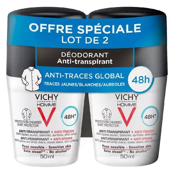Vichy Homme Deodorante Roll-on Anti-Macchia 48h Lotto di 2 x 50ml