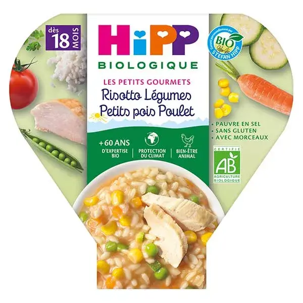Hipp Bio Les Petits Gourmets Assiette Risotto Légumes Petits Pois Poulet +18m 260g