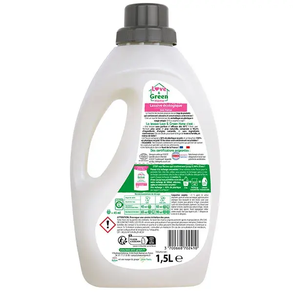 Love & Green Home Lessive certifiée Eco-détergent rechargeable et Sans parfum - 1,5L